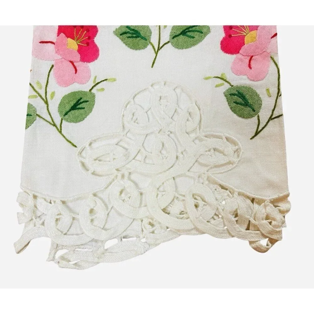 Vintage Pink Flower Linen Tea Towels Set 2 Lace Edge 22x14 Appliqué Embroidered